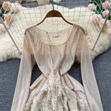 GETADME 우아하고 세련된 레이스 비대칭 긴팔 O넥 페어리코어 드레스 파티 A라인 베스디소 하이웨이스트 베이직 여성 예식 드레스