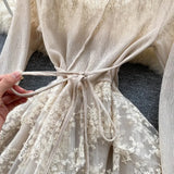 GETADME 우아하고 세련된 레이스 비대칭 긴팔 O넥 페어리코어 드레스 파티 A라인 베스디소 하이웨이스트 베이직 여성 예식 드레스