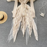 GETADME 우아하고 세련된 레이스 비대칭 긴팔 O넥 페어리코어 드레스 파티 A라인 베스디소 하이웨이스트 베이직 여성 예식 드레스