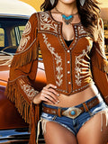 GETADME Elegant Chic Women Tops Boho Print Button V Neck Slim Waist Shirt Fringed Long Sleeve Design Vintage Blouse Crop Tops Clothes