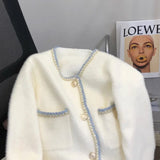 GETADME Elegant Cropped White Knitted Cardigan Women Black Mink Cashmere Sweater Outerwears Korean Knitwear Winter Long Sleeve Jumpers