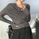 GETADME Elegant Fashion Off Shoulder Women Blouse New Pile Collar Knitted Shirt Ladies Office Casual Undershirt Gray Tops Mujer Blusas