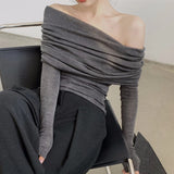 GETADME Elegant Fashion Off Shoulder Women Blouse New Pile Collar Knitted Shirt Ladies Office Casual Undershirt Gray Tops Mujer Blusas