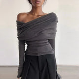 GETADME Elegant Fashion Off Shoulder Women Blouse New Pile Collar Knitted Shirt Ladies Office Casual Undershirt Gray Tops Mujer Blusas