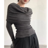 GETADME Elegant Fashion Off Shoulder Women Blouse New Pile Collar Knitted Shirt Ladies Office Casual Undershirt Gray Tops Mujer Blusas