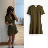GETADME Elegant Knitted Mini Dress For Women Metal Button Sexy Slim Rib Sweater Dresses Female Holiday Party Outfits Autumn 2025