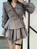 GETADME 우아한 오피스 레이디 2피스 드레스 세트 여성 캐주얼 긴팔 블라우스 + 레트로 미니 스크리츠 여름 한국 패션 정장