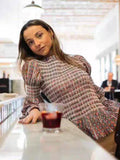 GETADME Elegant Plaid Printed Puff Sleeves Shirts Women Leisure Ruffle Hem O Neck Short Top 2025 Spring Female Loose High Street Tops