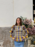 GETADME Elegant Plaid Printed Puff Sleeves Shirts Women Leisure Ruffle Hem O Neck Short Top 2025 Spring Female Loose High Street Tops