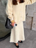 GETADME 우아한 싱글 브레스티드 모헤어 니트 카디건 수트 여성 시크 솔리드 하이웨이스트 캐시미어 미디 스커트 세트 2024 레이디 캐주얼 아웃핏