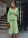 GETADME 우아한 싱글 브레스티드 모헤어 니트 카디건 수트 여성 시크 솔리드 하이웨이스트 캐시미어 미디 스커트 세트 2024 레이디 캐주얼 아웃핏