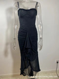 GETADME Elegant Solid Irregular Hem Pleated Dress Sexy Backless Off-the-shoulder Spaghetti Strap Vestidos New Lady Banquet Party Gowns