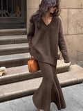 GETADME Elegant Solid Sweater Skirts Suits for Women Autumn Winter Fashion V-Neck Pullover Knitted Top Loose Skirt Casual Two Pieces Set