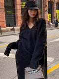 GETADME Elegant Solid Sweater Skirts Suits for Women Autumn Winter Fashion V-Neck Pullover Knitted Top Loose Skirt Casual Two Pieces Set