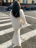 GETADME Elegant Solid Sweater Skirts Suits for Women Autumn Winter Fashion V-Neck Pullover Knitted Top Loose Skirt Casual Two Pieces Set