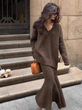 GETADME Elegant Solid Sweater Skirts Suits for Women Autumn Winter Fashion V-Neck Pullover Knitted Top Loose Skirt Casual Two Pieces Set
