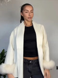 Getadme Elegant White Detachable Faux Fur Cuffs Woolen Coat Women Fashion Lapel Belt Long Sleeve Warm Jacket Autumn Lady Street Outwear