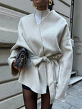 Getadme Elegant White Detachable Faux Fur Cuffs Woolen Coat Women Fashion Lapel Belt Long Sleeve Warm Jacket Autumn Lady Street Outwear