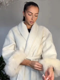Getadme Elegant White Detachable Faux Fur Cuffs Woolen Coat Women Fashion Lapel Belt Long Sleeve Warm Jacket Autumn Lady Street Outwear