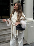 Getadme Elegant White Detachable Faux Fur Cuffs Woolen Coat Women Fashion Lapel Belt Long Sleeve Warm Jacket Autumn Lady Street Outwear