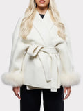 Getadme Elegant White Detachable Faux Fur Cuffs Woolen Coat Women Fashion Lapel Belt Long Sleeve Warm Jacket Autumn Lady Street Outwear