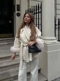 Getadme Elegant White Detachable Faux Fur Cuffs Woolen Coat Women Fashion Lapel Belt Long Sleeve Warm Jacket Autumn Lady Street Outwear