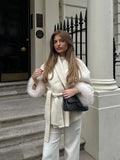 Getadme Elegant White Detachable Faux Fur Cuffs Woolen Coat Women Fashion Lapel Belt Long Sleeve Warm Jacket Autumn Lady Street Outwear