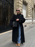 GETADME Elegant With Belt Black Long Coat For Women Oversize Woolen Double Button Lapel Overcoat Autumn New Lady High Street Outerwear