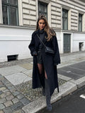 GETADME Elegant With Belt Black Long Coat For Women Oversize Woolen Double Button Lapel Overcoat Autumn New Lady High Street Outerwear