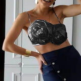 GETADME Elegant Women Crop Top Three-dimensional Rose Flower Sling Stretchy Skinny Solid Summer Floral Suspenders Camisole for Club