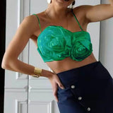 GETADME Elegant Women Crop Top Three-dimensional Rose Flower Sling Stretchy Skinny Solid Summer Floral Suspenders Camisole for Club