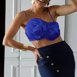 GETADME Elegant Women Crop Top Three-dimensional Rose Flower Sling Stretchy Skinny Solid Summer Floral Suspenders Camisole for Club