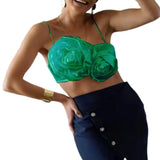 GETADME Elegant Women Crop Top Three-dimensional Rose Flower Sling Stretchy Skinny Solid Summer Floral Suspenders Camisole for Club