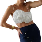 GETADME Elegant Women Crop Top Three-dimensional Rose Flower Sling Stretchy Skinny Solid Summer Floral Suspenders Camisole for Club