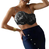 GETADME Elegant Women Crop Top Three-dimensional Rose Flower Sling Stretchy Skinny Solid Summer Floral Suspenders Camisole for Club