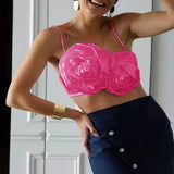 GETADME Elegant Women Crop Top Three-dimensional Rose Flower Sling Stretchy Skinny Solid Summer Floral Suspenders Camisole for Club