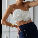 GETADME Elegant Women Crop Top Three-dimensional Rose Flower Sling Stretchy Skinny Solid Summer Floral Suspenders Camisole for Club