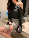 GETADME Elegant Women Sexy Korean One Black Top Spring Summer Leisure Versatile Women's Off The Shoulder Long Sleeved White Blouses