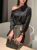 GETADME Elegant Women Sexy Korean One Black Top Spring Summer Leisure Versatile Women's Off The Shoulder Long Sleeved White Blouses