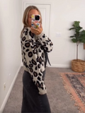 GETADME Elegant Women's Leopard Print Lace Up Knit Cardigan Chic Long Sleeve Round Collar Short Sweater Casual Lady New Cropped Knitwear