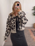 GETADME Elegant Women's Leopard Print Lace Up Knit Cardigan Chic Long Sleeve Round Collar Short Sweater Casual Lady New Cropped Knitwear