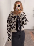 GETADME Elegant Women's Leopard Print Lace Up Knit Cardigan Chic Long Sleeve Round Collar Short Sweater Casual Lady New Cropped Knitwear