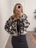 GETADME Elegant Women's Leopard Print Lace Up Knit Cardigan Chic Long Sleeve Round Collar Short Sweater Casual Lady New Cropped Knitwear