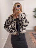 GETADME Elegant Women's Leopard Print Lace Up Knit Cardigan Chic Long Sleeve Round Collar Short Sweater Casual Lady New Cropped Knitwear