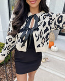 GETADME Elegant Women's Leopard Print Lace Up Knit Cardigan Chic Long Sleeve Round Collar Short Sweater Casual Lady New Cropped Knitwear
