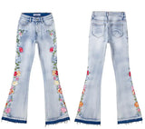 GETADME Embroidered Flared Jeans fFor Women,Skinny Flare Denim Pants, Ragged Hem Pants, Legs Embroidered Jeans