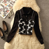 GETADME Embroidered Lace Stitching Fake Two Pieces Shirts Women's Spring New French Chic Design Sense Niche Short Shirt Top