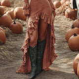 GETADME 에스닉 레트로 솔리드 러플 불규칙 드레스 여성 봄 V넥 슬림 파티 롱 드레스 가을 긴팔 보헤미안 맥시 드레스