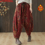 GETADME 에스닉 스타일 레트로 프린트 스티치 코튼 리넨 팬츠 여성 가을 ​​겨울 루즈 드로스트링 따뜻한 스트레이트 하렘 팬츠