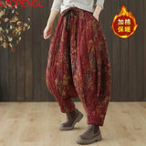 GETADME 에스닉 스타일 레트로 프린트 스티치 코튼 리넨 팬츠 여성 가을 ​​겨울 루즈 드로스트링 따뜻한 스트레이트 하렘 팬츠